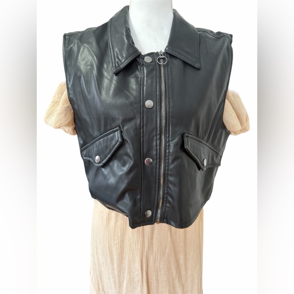 Black Faux Leather Zip Front Vest Jacket - Women